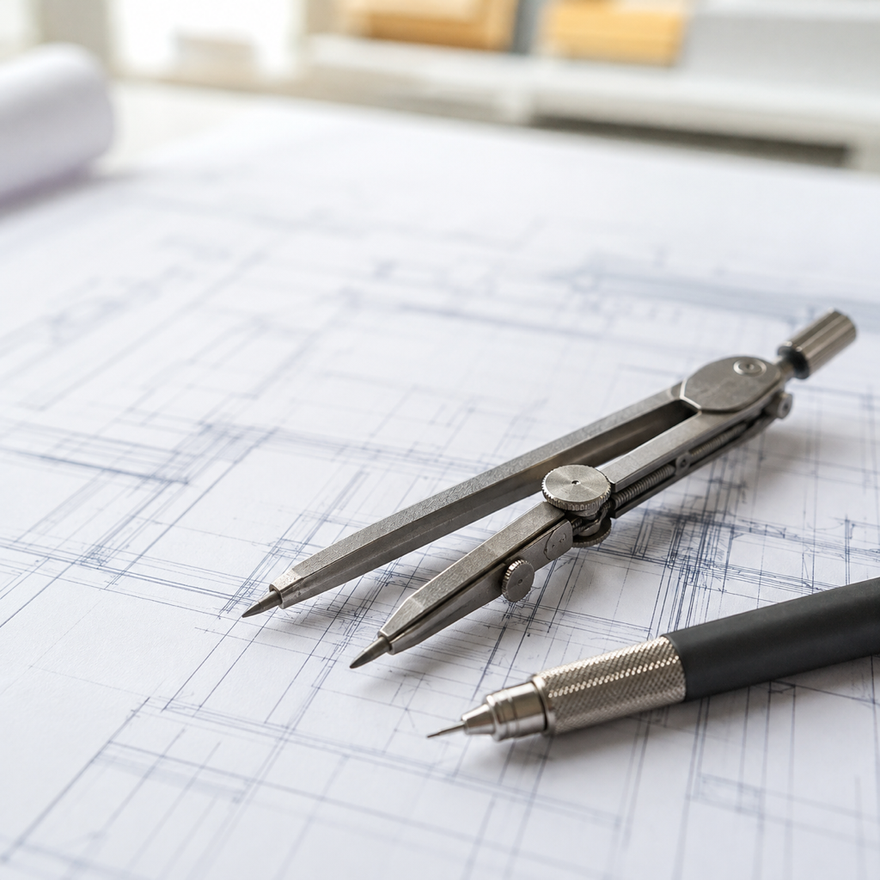 Compas et porte-mine sur un dessin technique au trait, gros plan